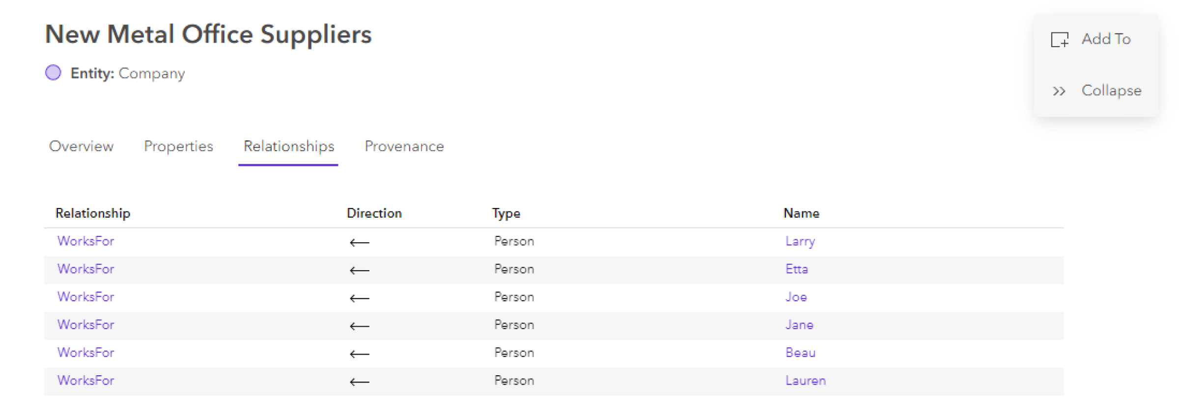 Relationships tab of an entity data card